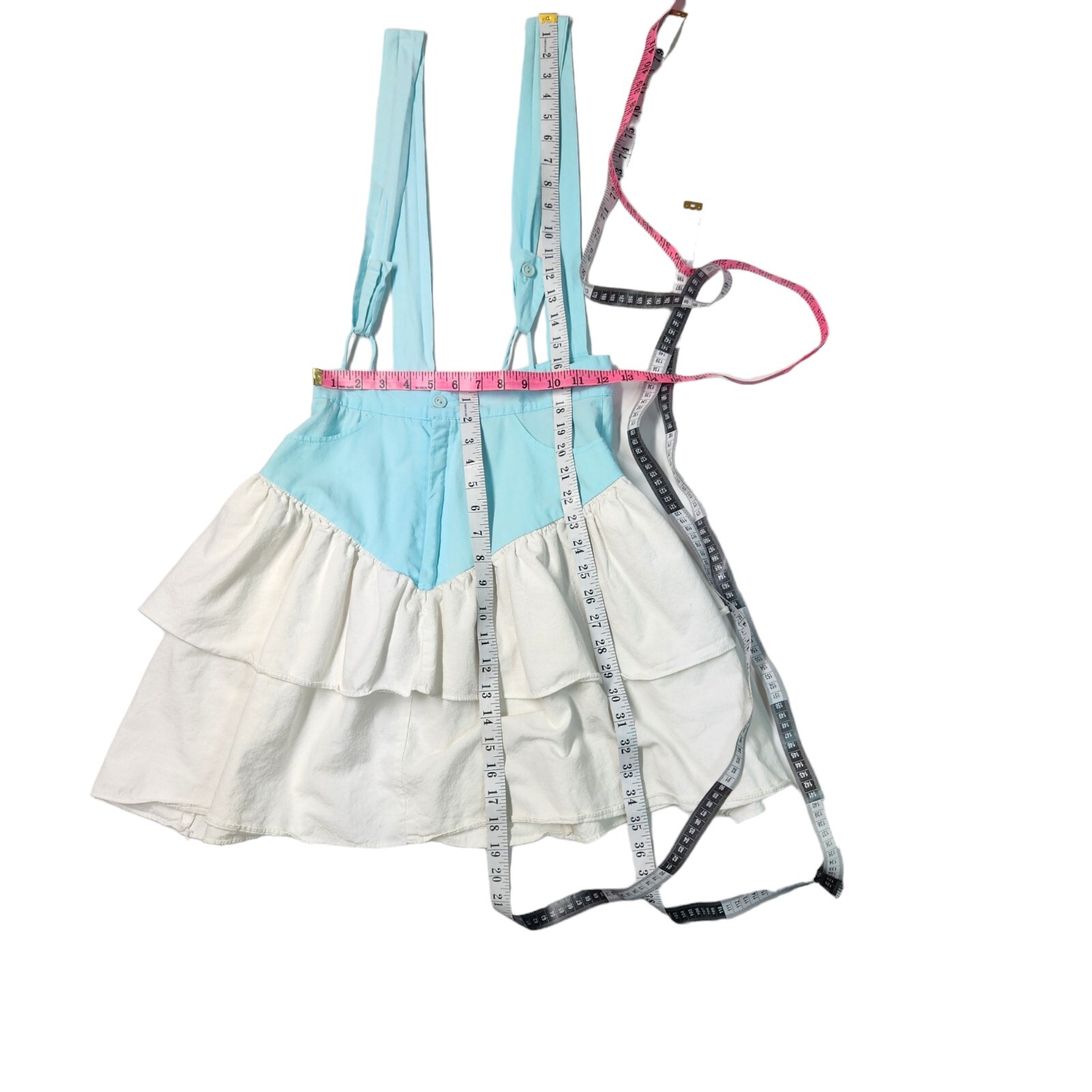 Vintage 70s Turquoise White Cotton Overall Pinafore Dress Size 5/6 *See Descript