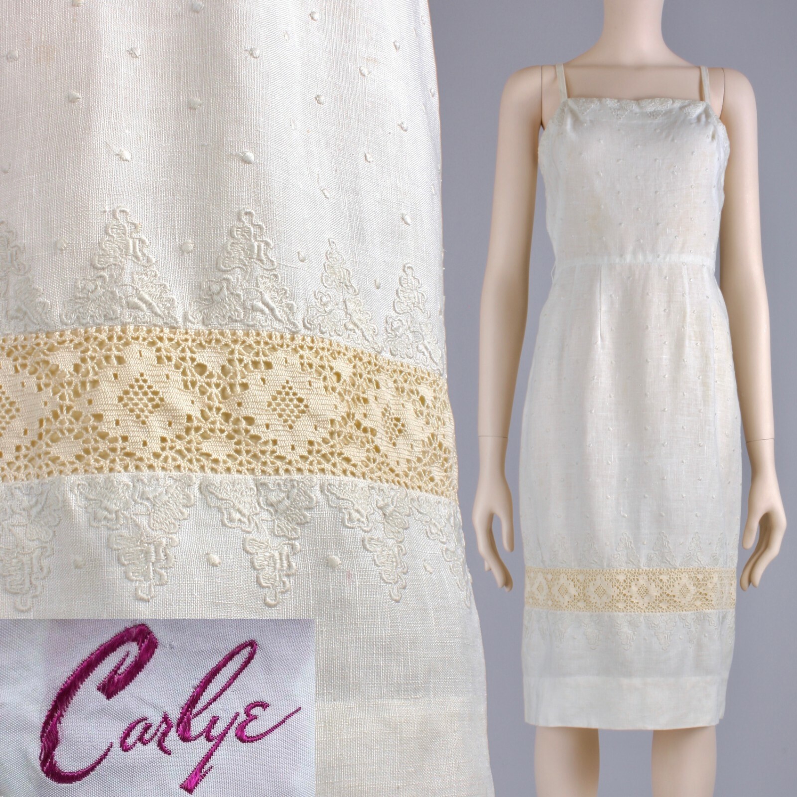 Vintage Tan Linen Sundress XS/S 50s Carlye Embroidered Sleeveless Dress