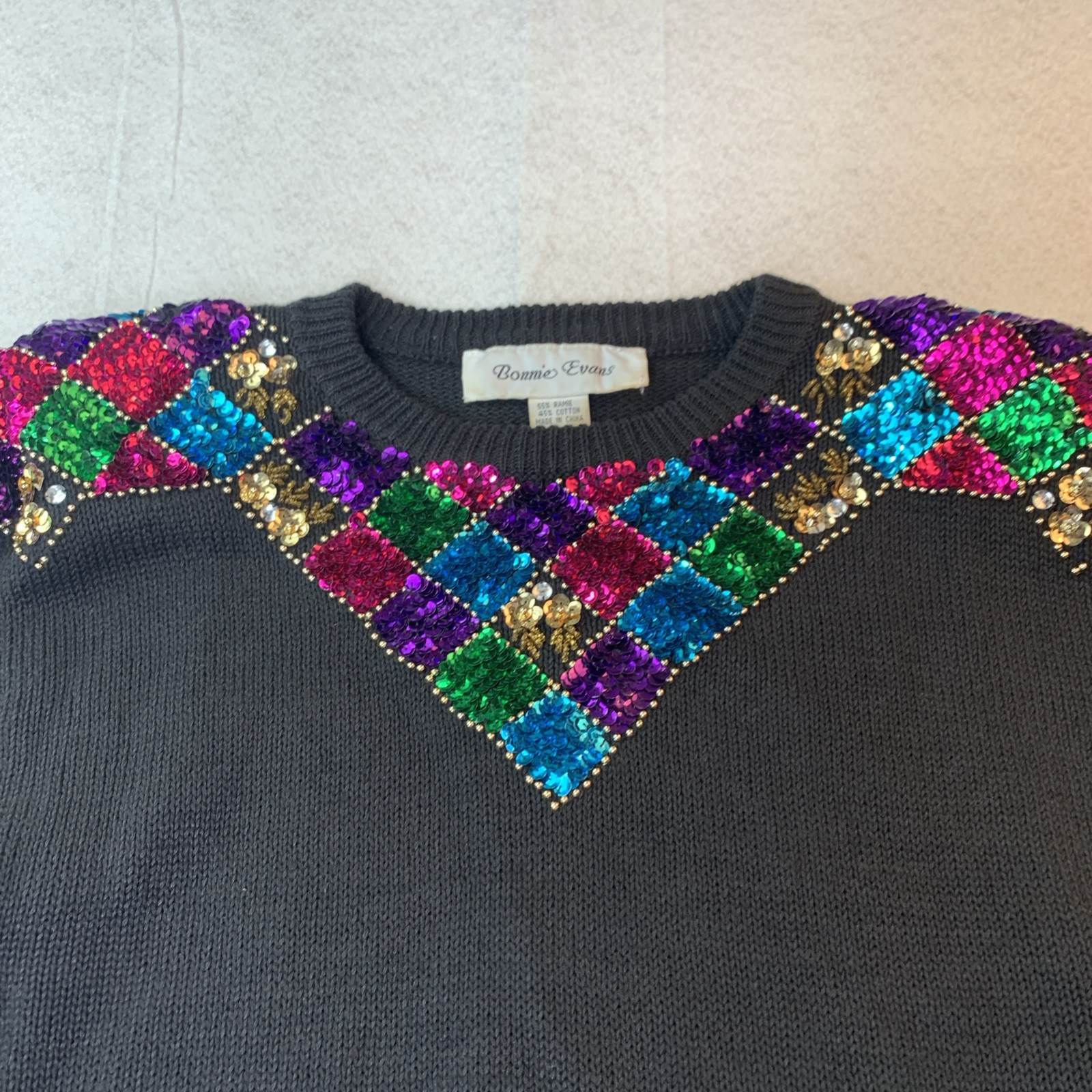 Vintage 80s Black Sweater M Sequin Beaded Neckline Cotton Ramie Knit