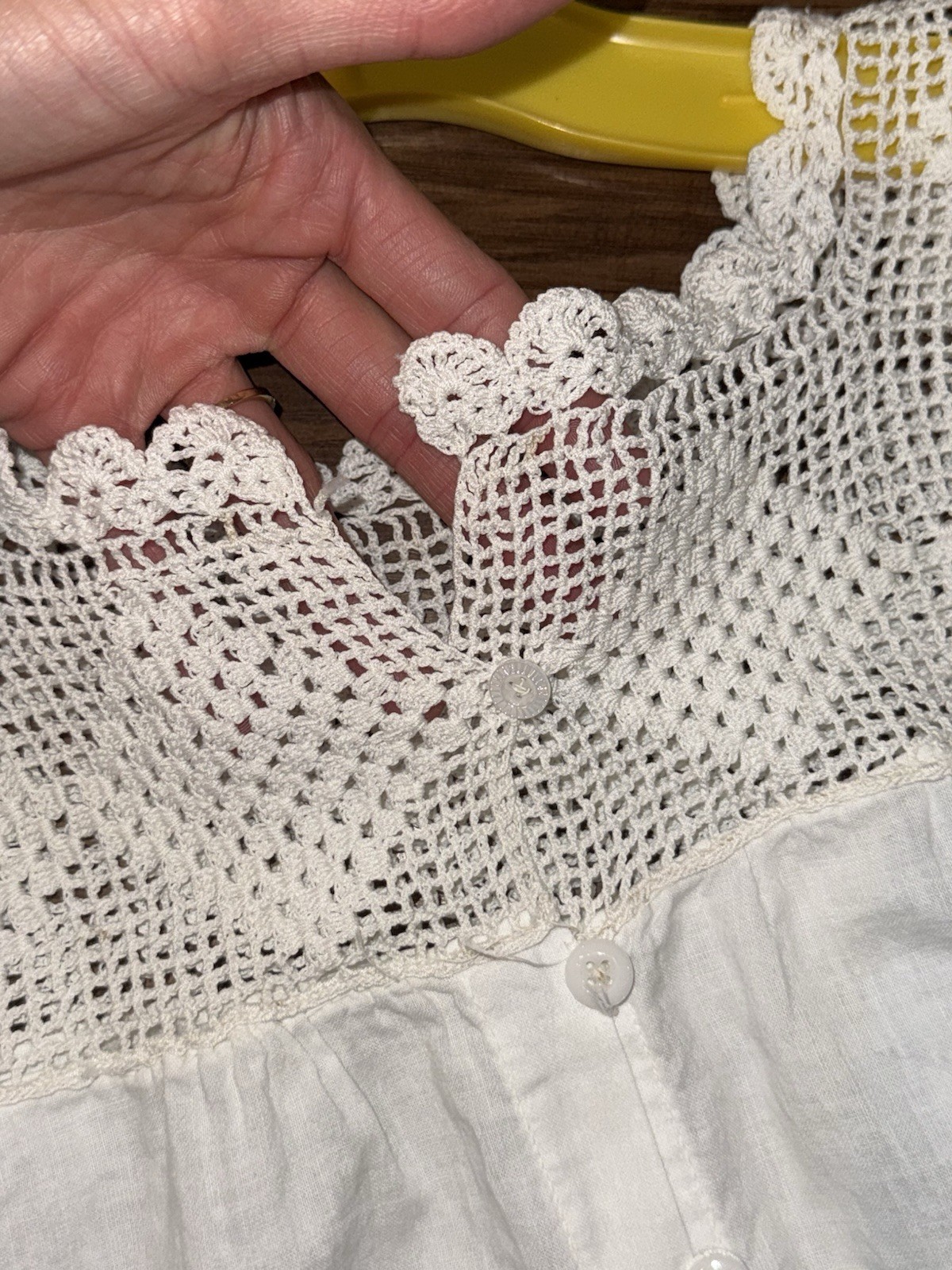 Antique 1900s Edwardian White Cotton Nightgown Hand Crochet Lace Yoke Cuffs