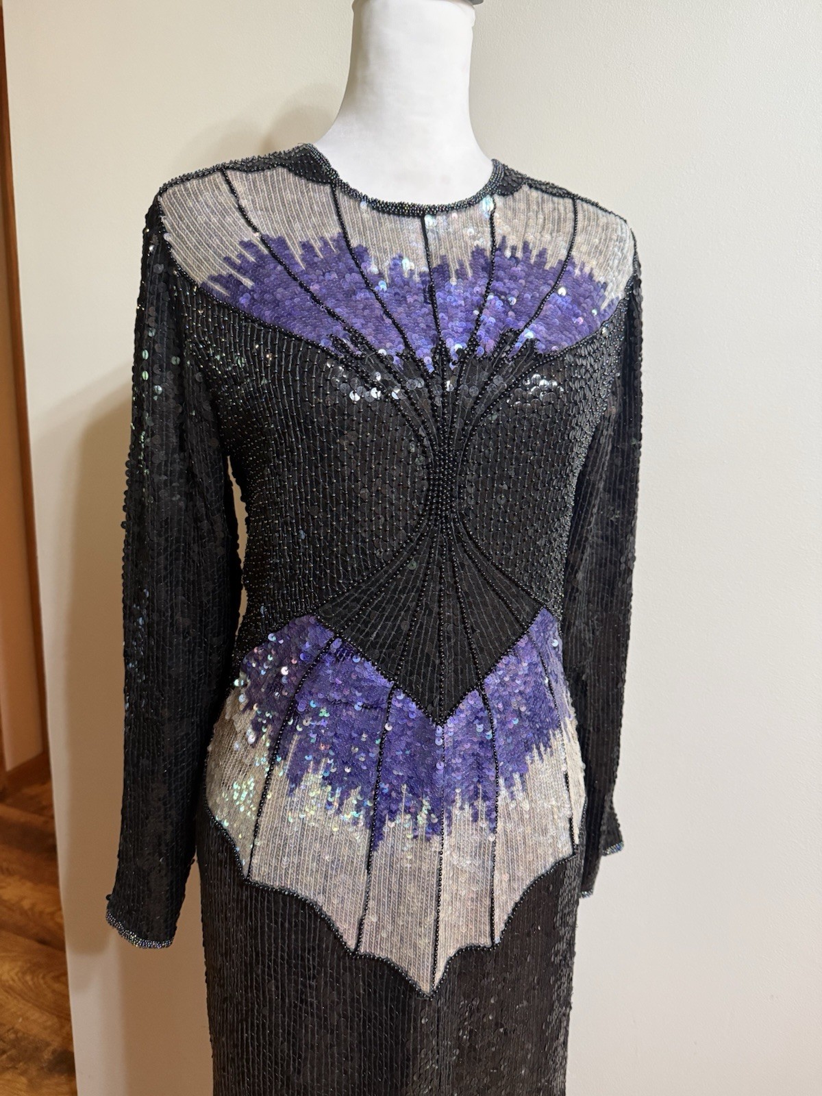 Vintage 1980s HEAVILY Beaded Black Silk Cut Out Butterfly Party Dress Sequins M