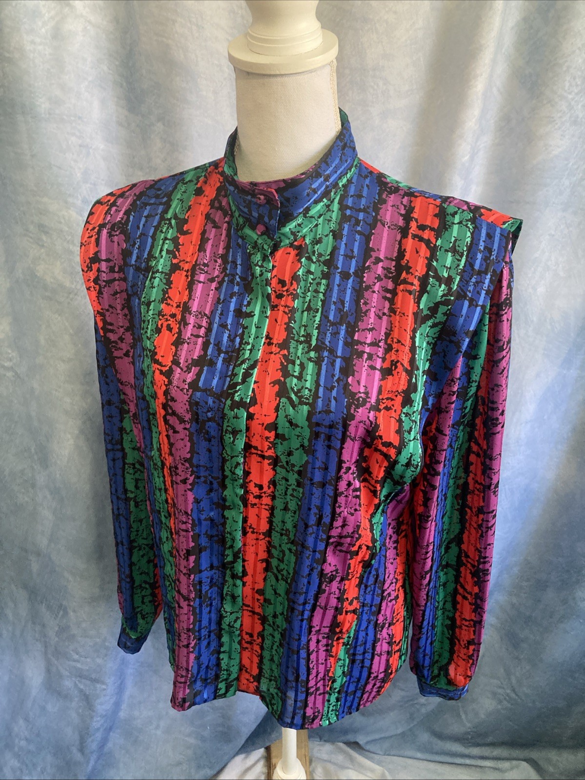 VTG AJ & Friends 80s Blouse M/L Jewel Tone Stripe Abstract Pleated Shoulder Pads