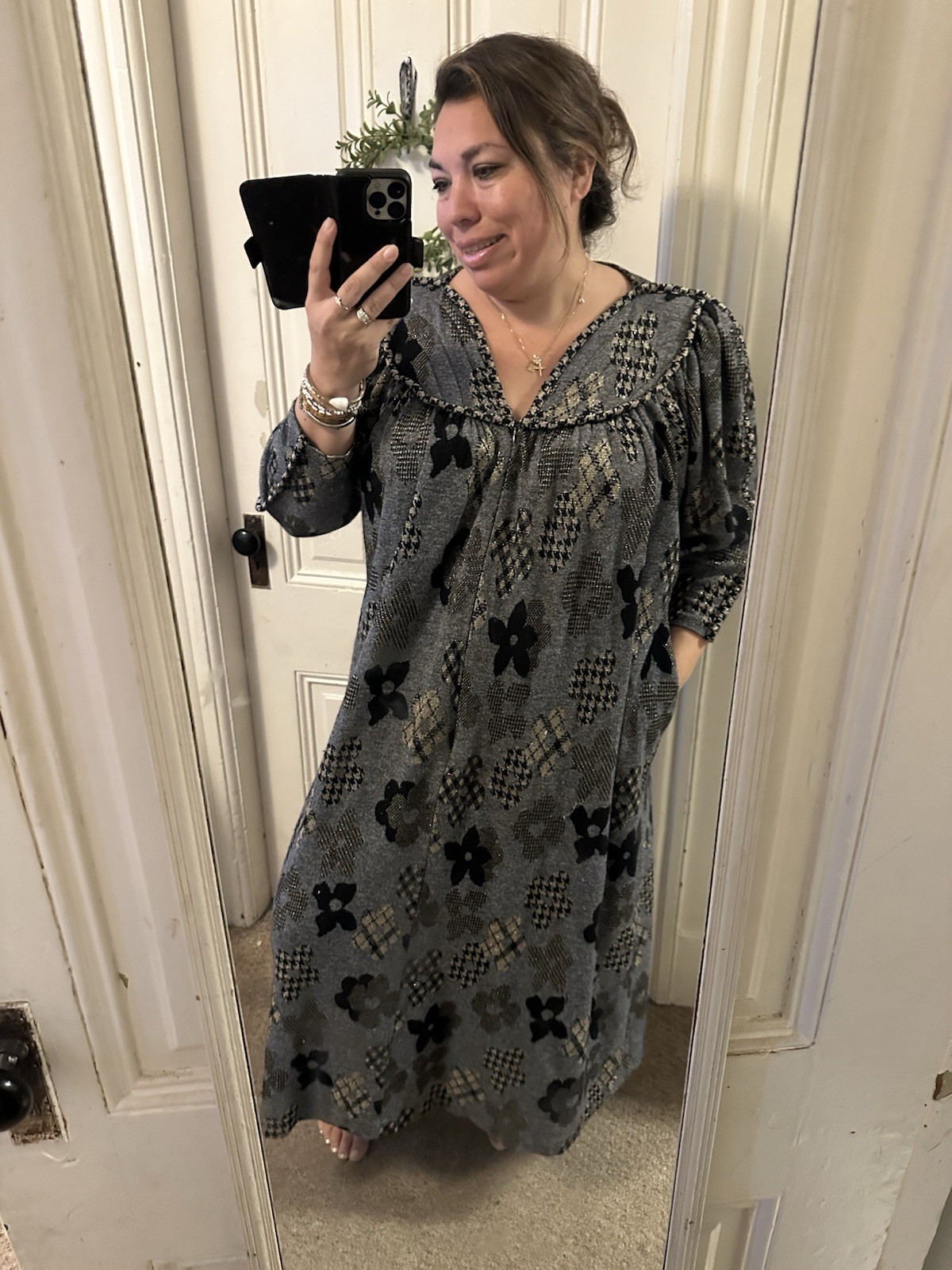 Stunning David Brown, 1970s metallic balloon sleeve houndstooth flower dress