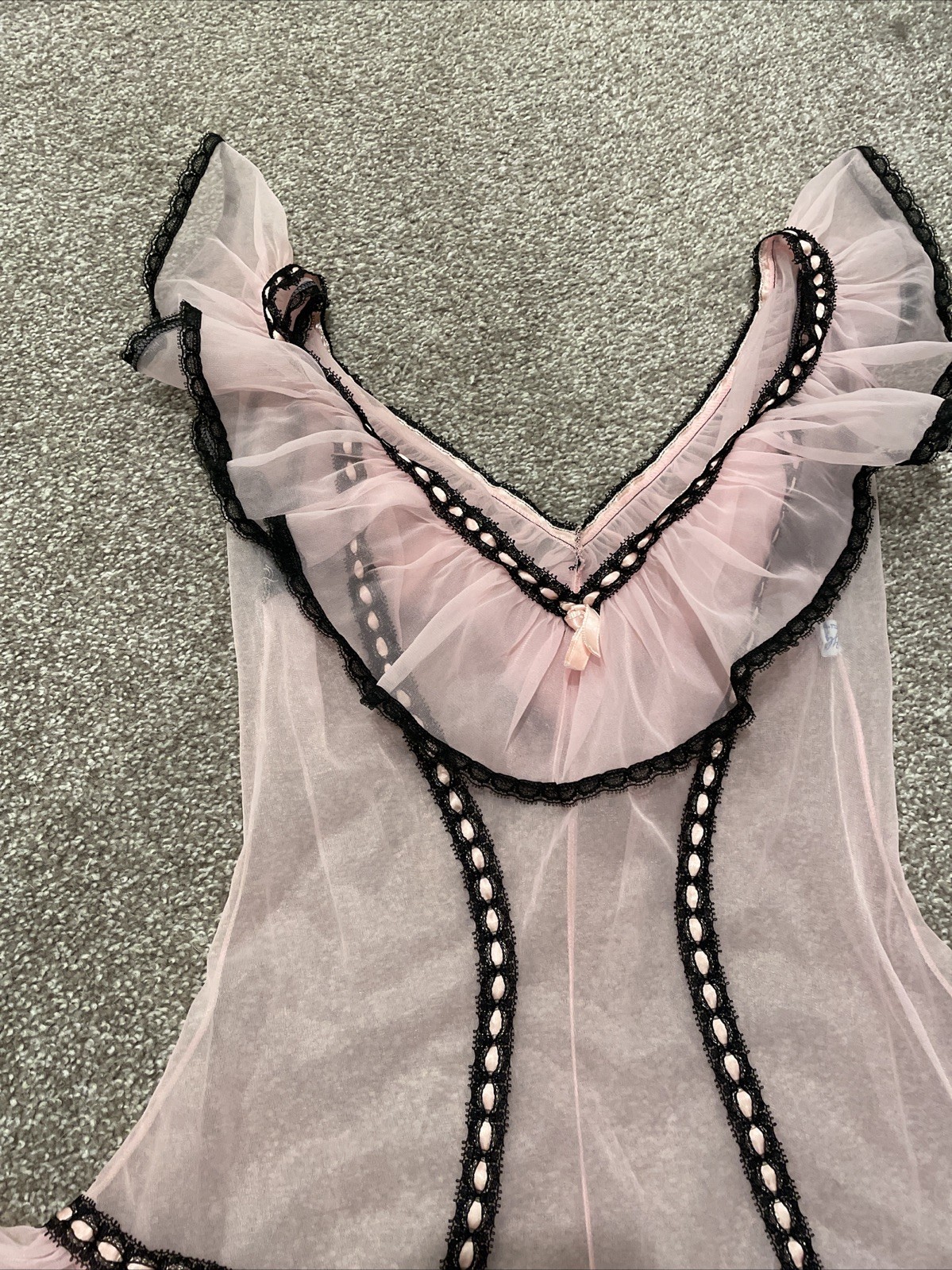 Vintage 1950s Glydons Chiffon Skirted Slip Teddy Pink Black Small Ruffle Pin Up