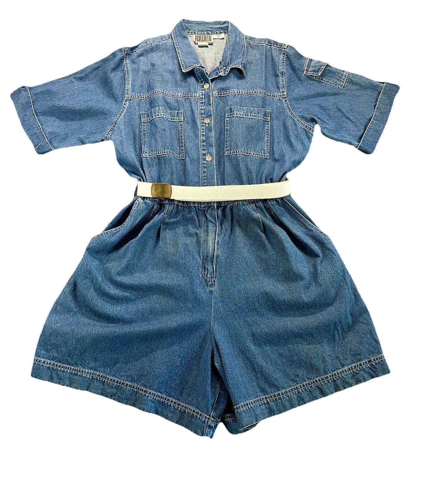 Vintage 1980s Forenza Denim Romper Jumpsuit XL Blue Utility Metal Button Belted