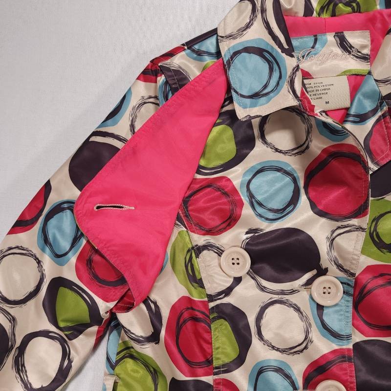 Jou Jou Vintage 1990s Colorful Circle Print Trench Coat Womens M Good Condition