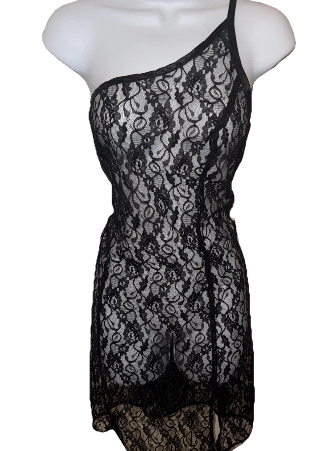 Whimsy Goth Sheer One Shoulder Black Lace Slip Dress L Sexy Indie Romance