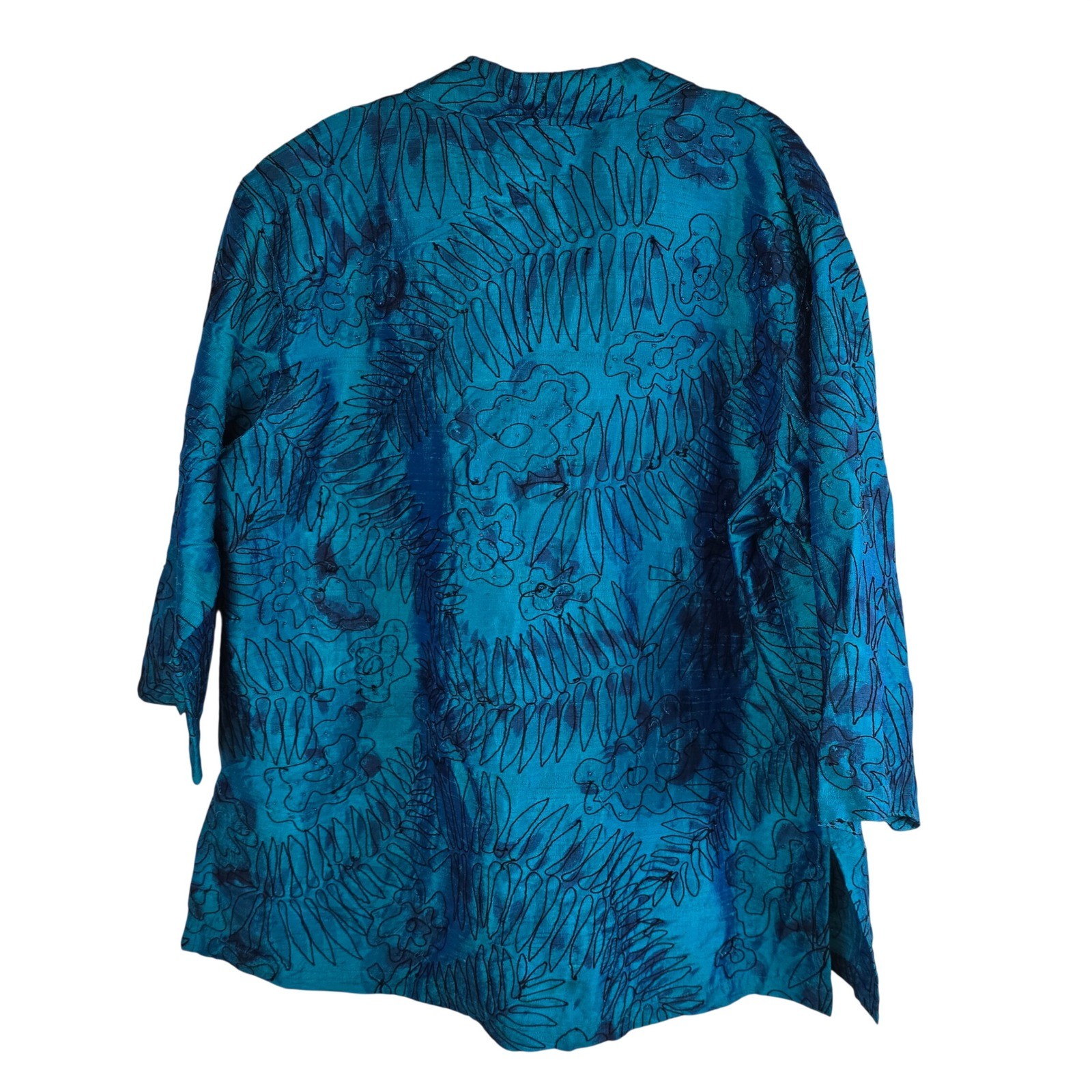 Vintage Chico’s Design 100% Silk Beaded Floral Shirt Teal Blue Boho Size 3