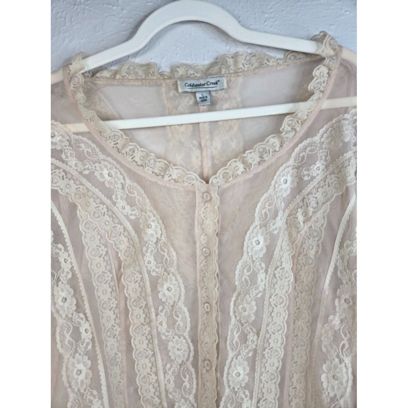 VTG Lacey Ruffle Blouse Tan Sheer Floral Lace Bell Sleeve Top Victorian Coquette