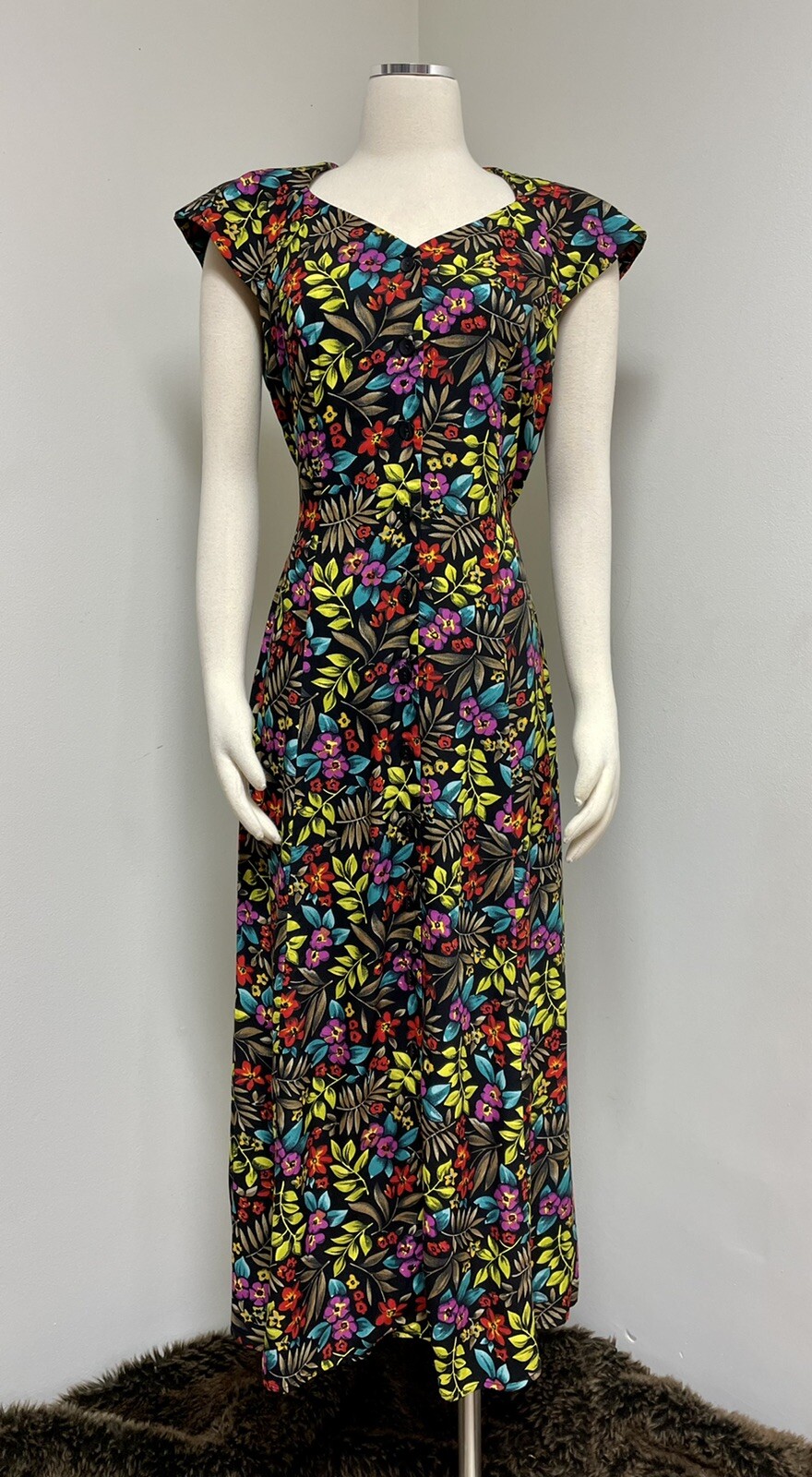 Betsy Lauren 90’s Bright Floral Hawaiian Print Midi Dress Deadstock w tags Sz 8