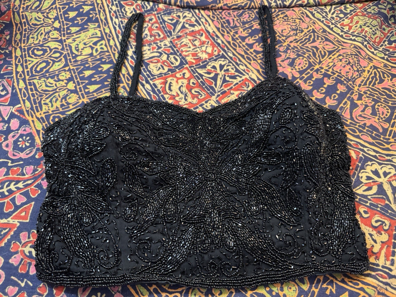 Vintage Black Bead Festival Boustier Bodice Corset Y2K Spaghetti Strap Crop Top