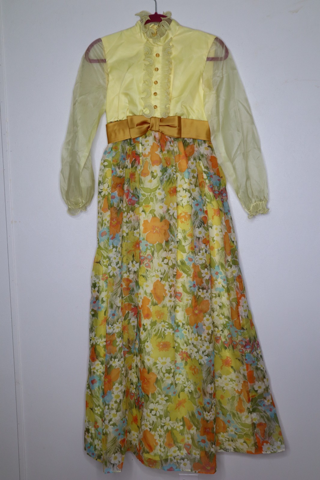 Vintage 70s Floral Party Prom Hippie Ruffle Dress Maxi Yellow Flower Small
