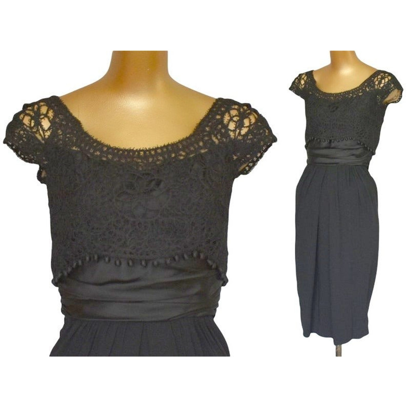 Vintage 50s Carlye Cocktail Dress, Black Lace Rayon Crepe Wiggle Dress, XXS 2XS