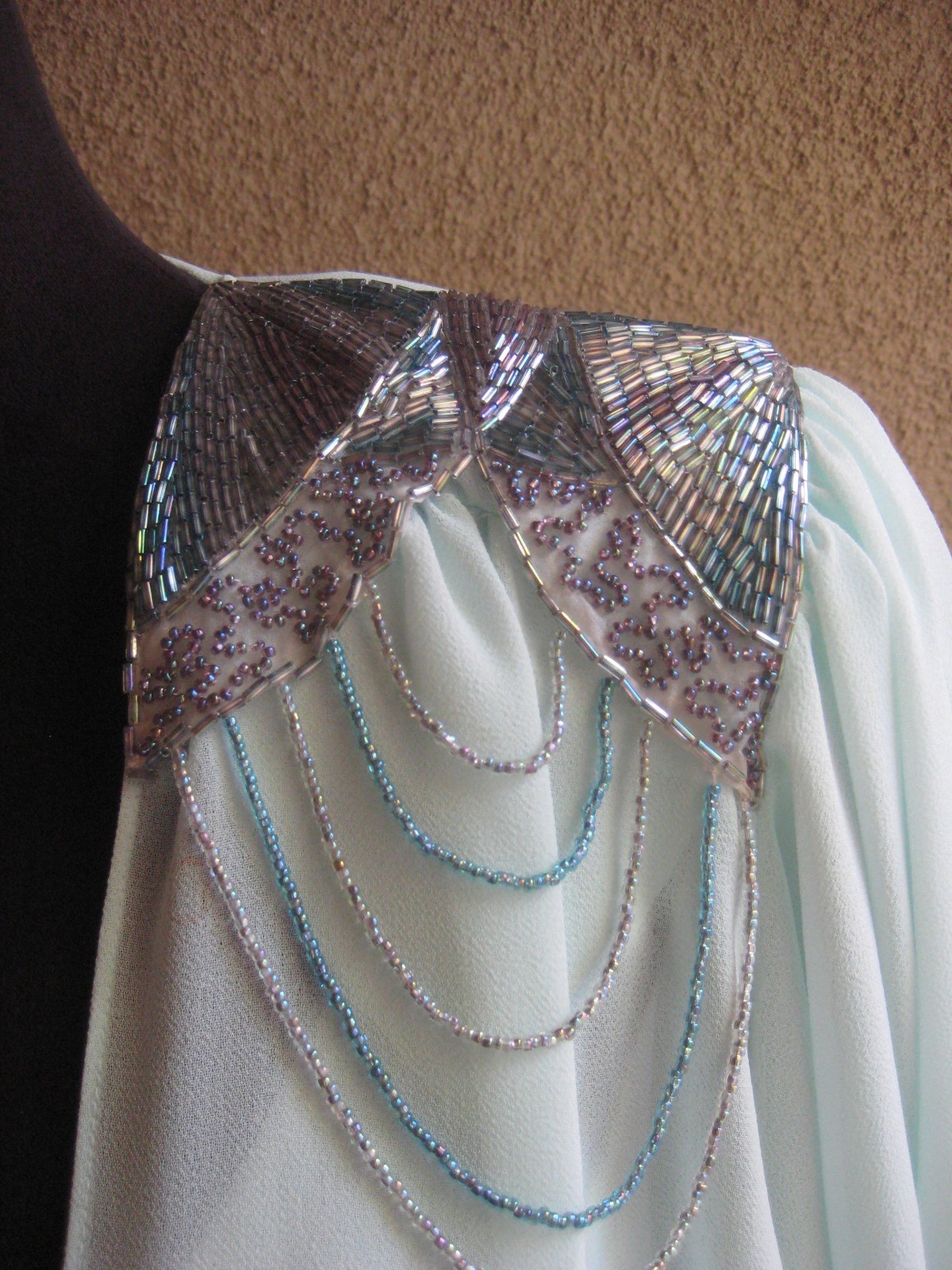 Vintage 1982 Casadei Eletra chiffon dropwaist bead padded shoulder party dress
