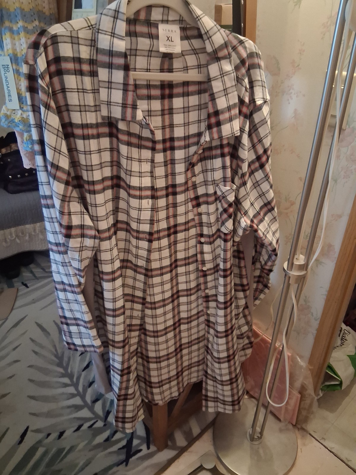 New No Tags Serra Womens XL White & Grey Button Down Cotton Flannel Night Dress