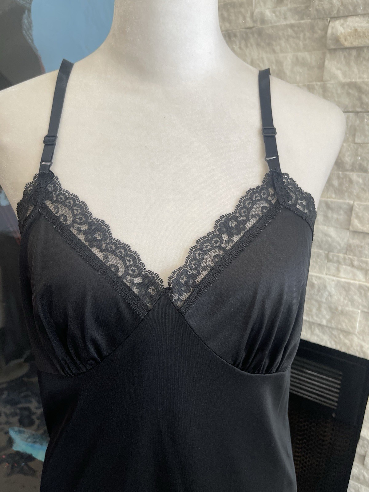VINTAGE JET BLACK WITH BLACK LACE FIRST LOVE WOMEN’S FULL NYLON SLIP IN SIZE 36