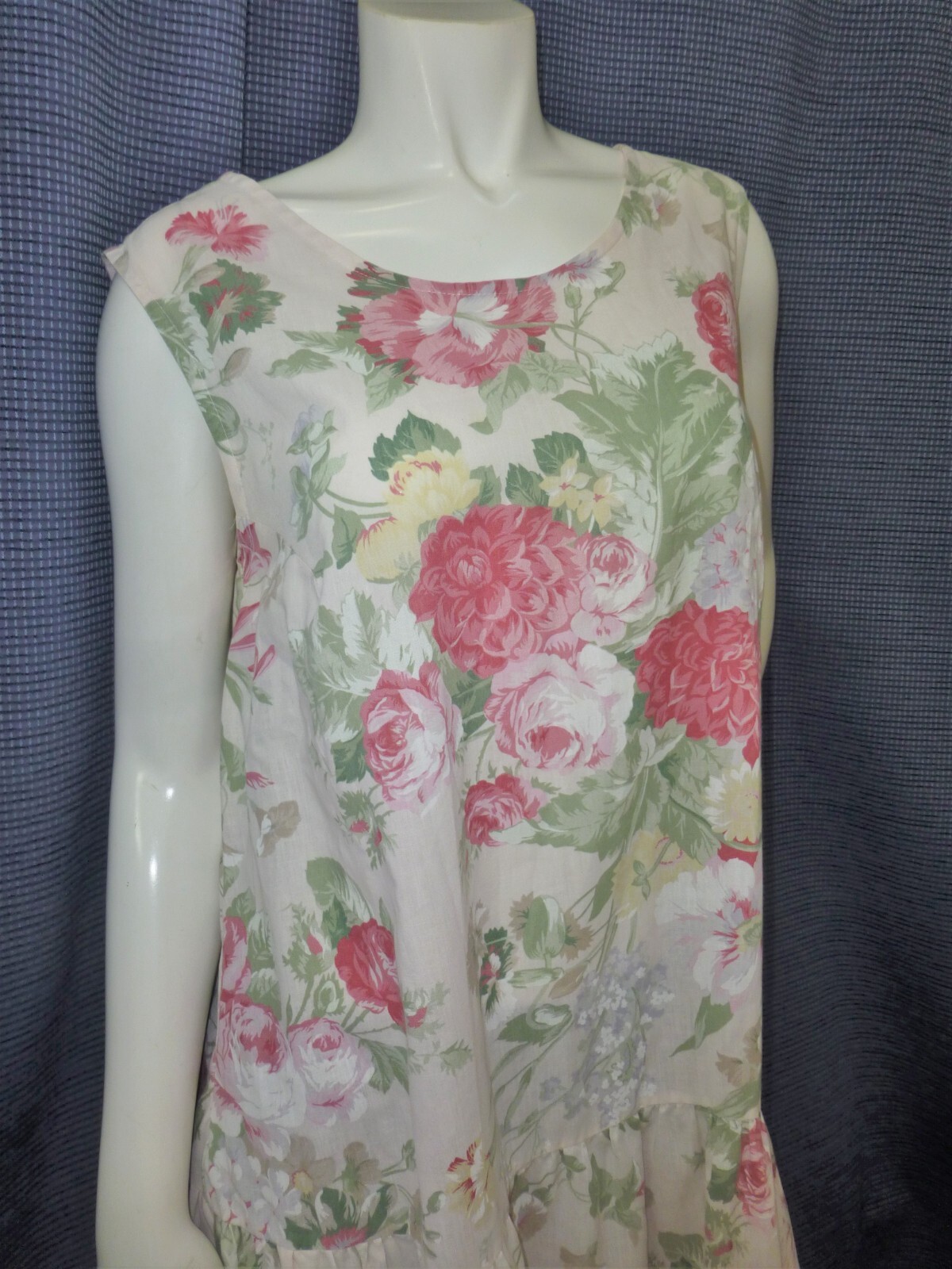 Vtg 80s Garden Floral Print Muslin COTTON Country Drop waist Boho midi Dress ML