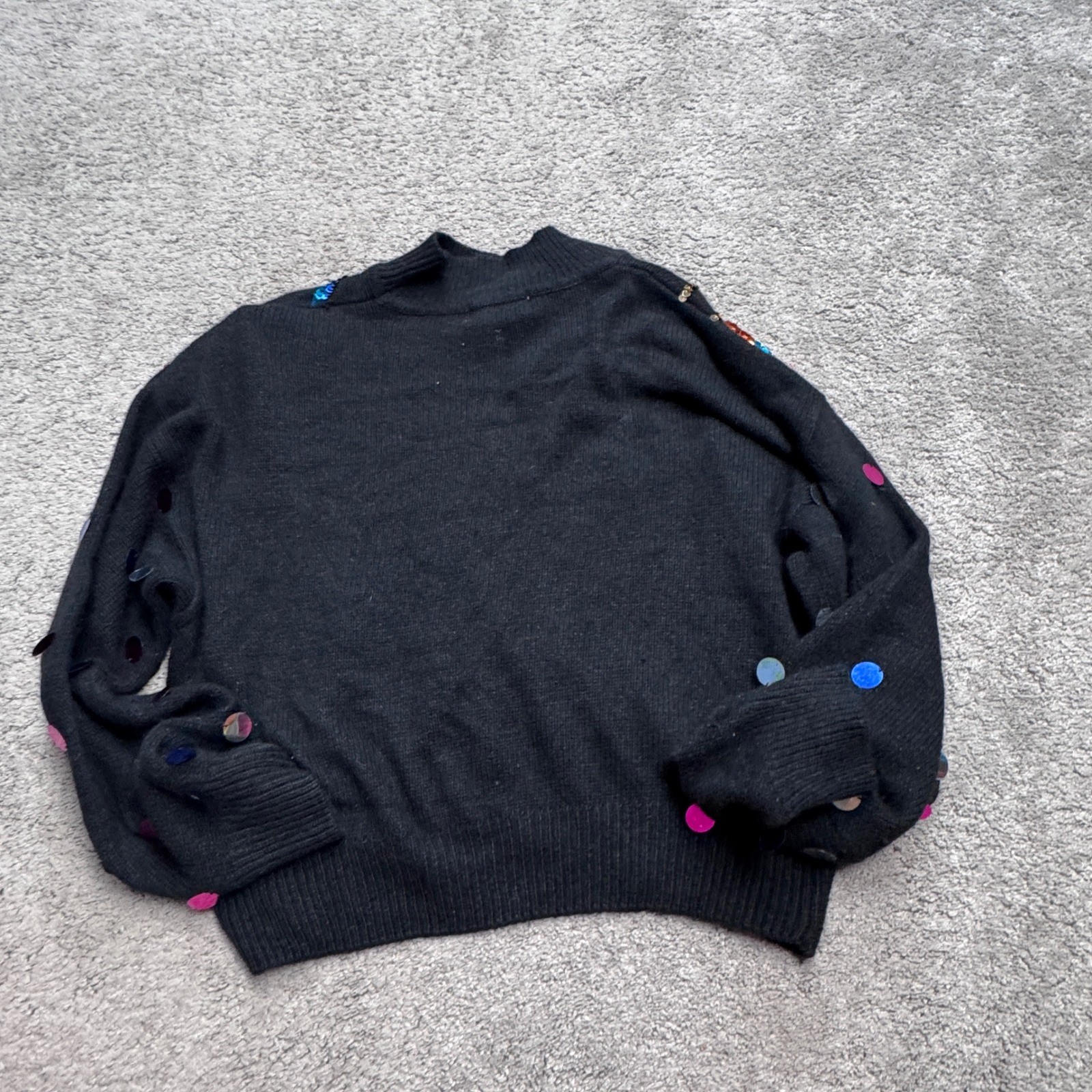 Vintage 80s MY Women Large Sequin Black Sweater Colorful Silk Rabbit Hair