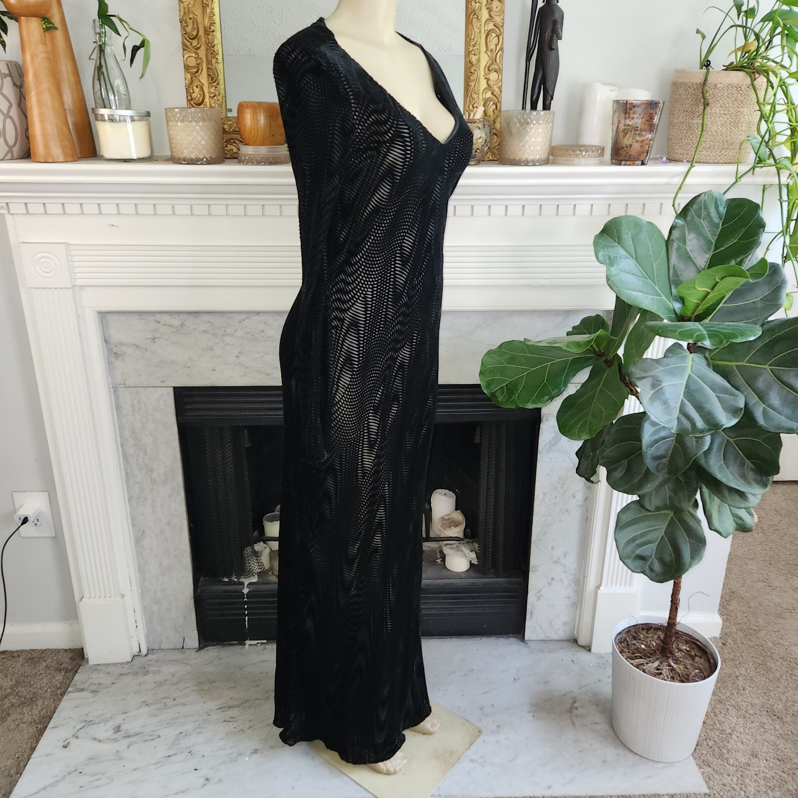 90s Helen David Devoré Velvet Burnout Black Maxi Dress Sz 8 Goth Dark Romantic