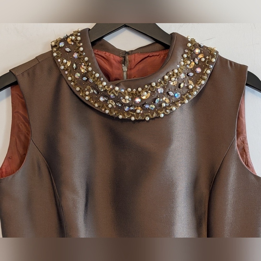 Vintage 60s Hand Beaded Collar Holiday Cocktail Rich Brown A Line Retro Classic