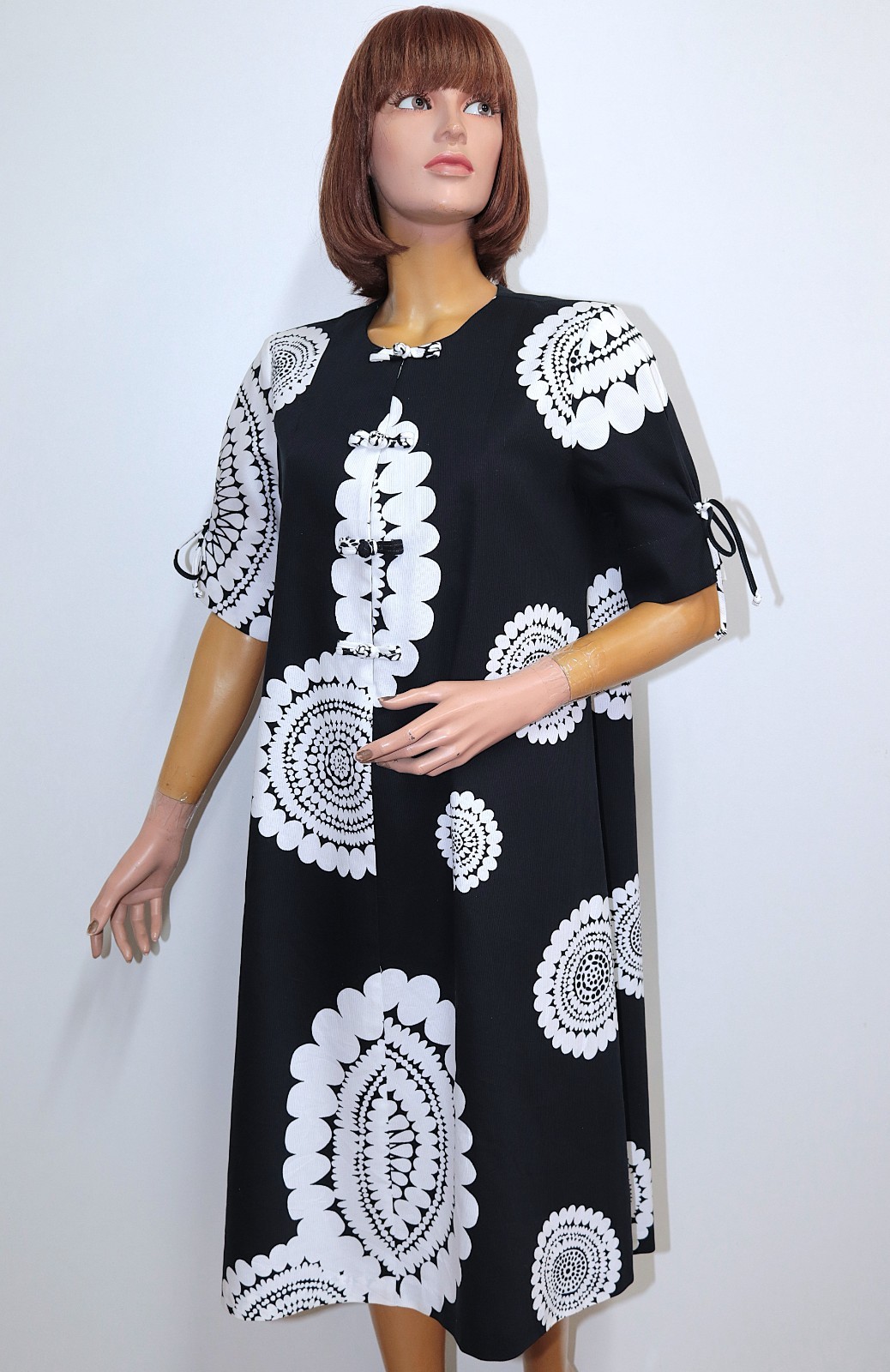 Vintage 60s Black/White Cotton Pique Hawaiian Tunic Dress WALTAH CLARKES Size M