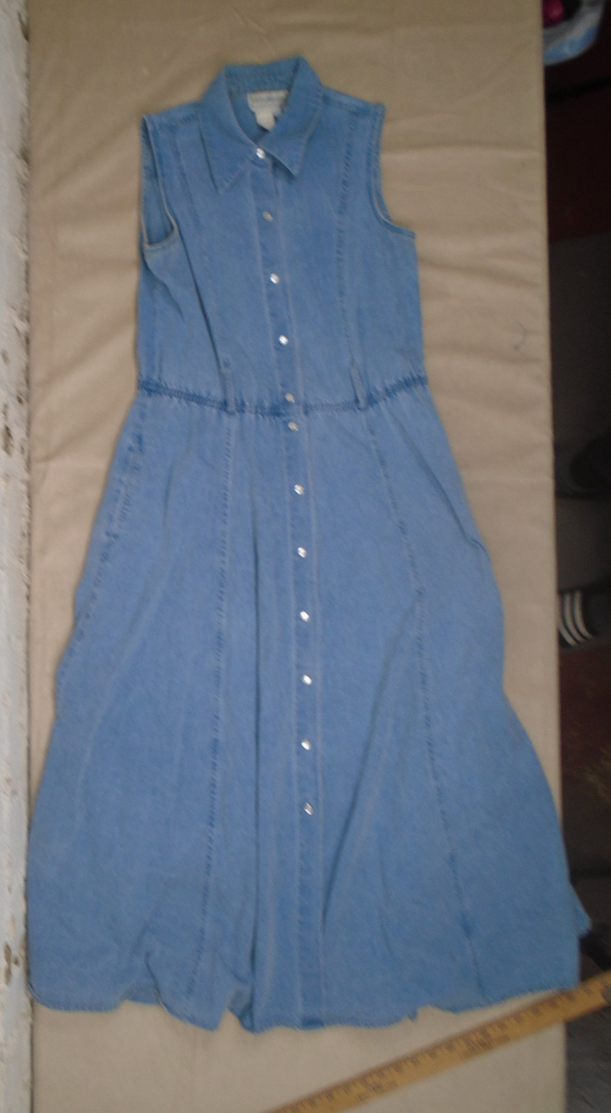 Vintage 80s Karin Stevens Denim Pearl Snap Dress Sleeveless Western Size 10