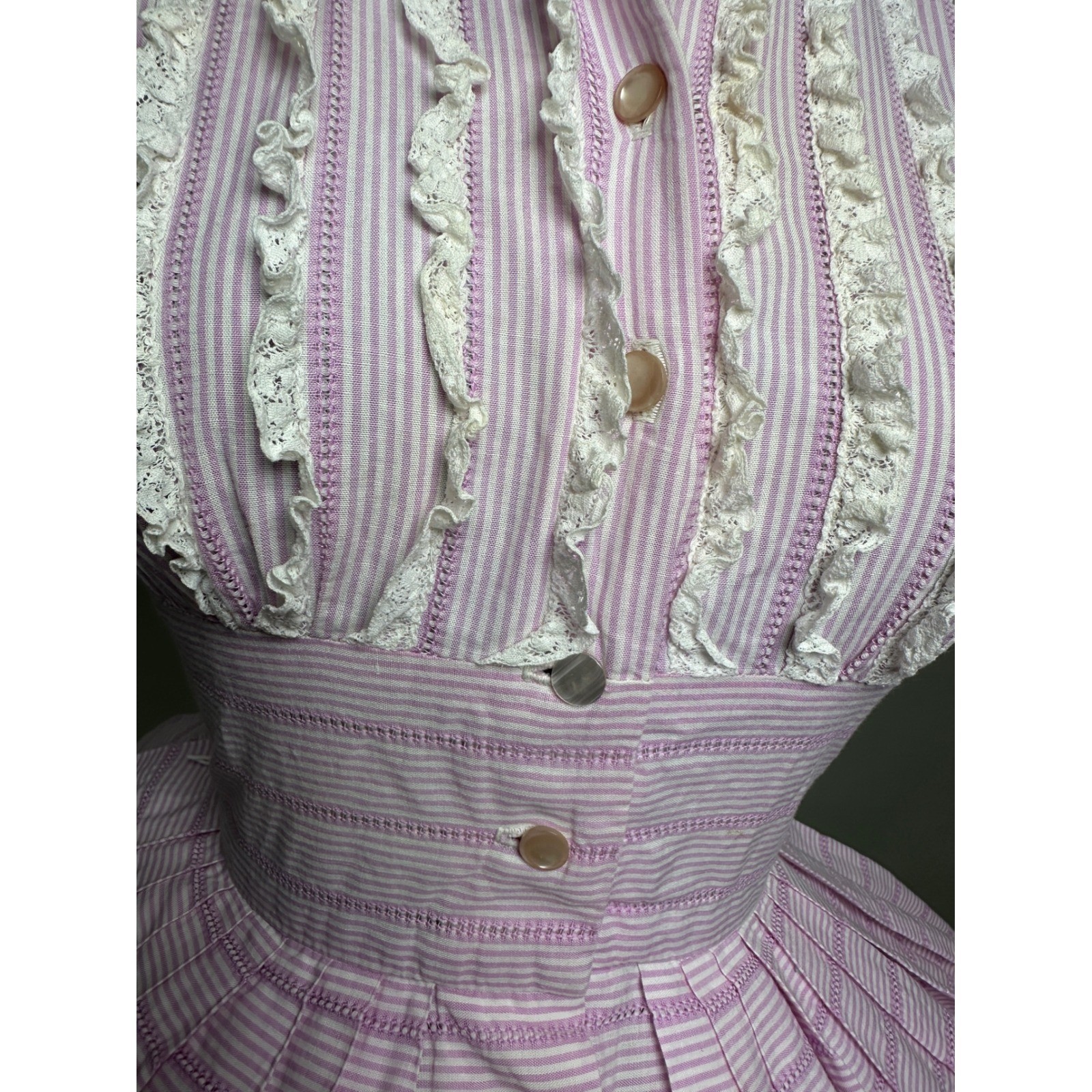 Cute Vintage 1950s Pixie of California Purple Candy Stripe Lace Ruffle Dress