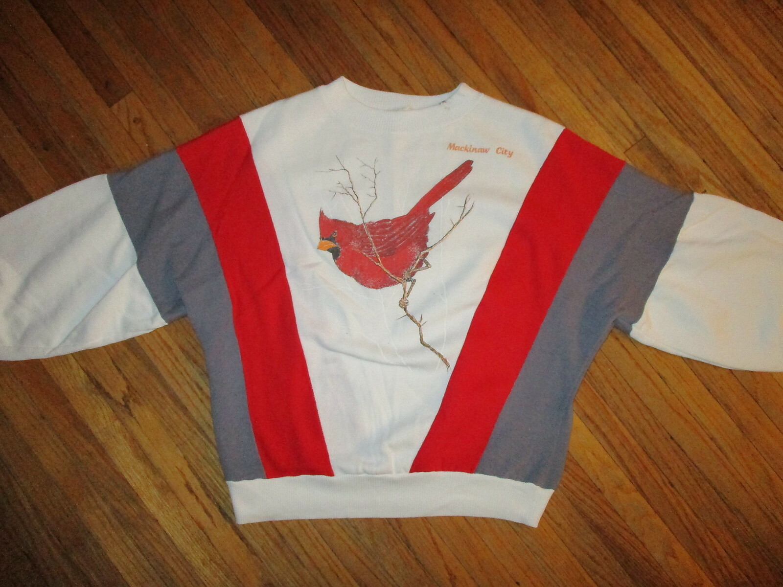 vtg 1980s MACKINAW CITY SWEATSHIRT Red White Cardinal Birding Short SMALL