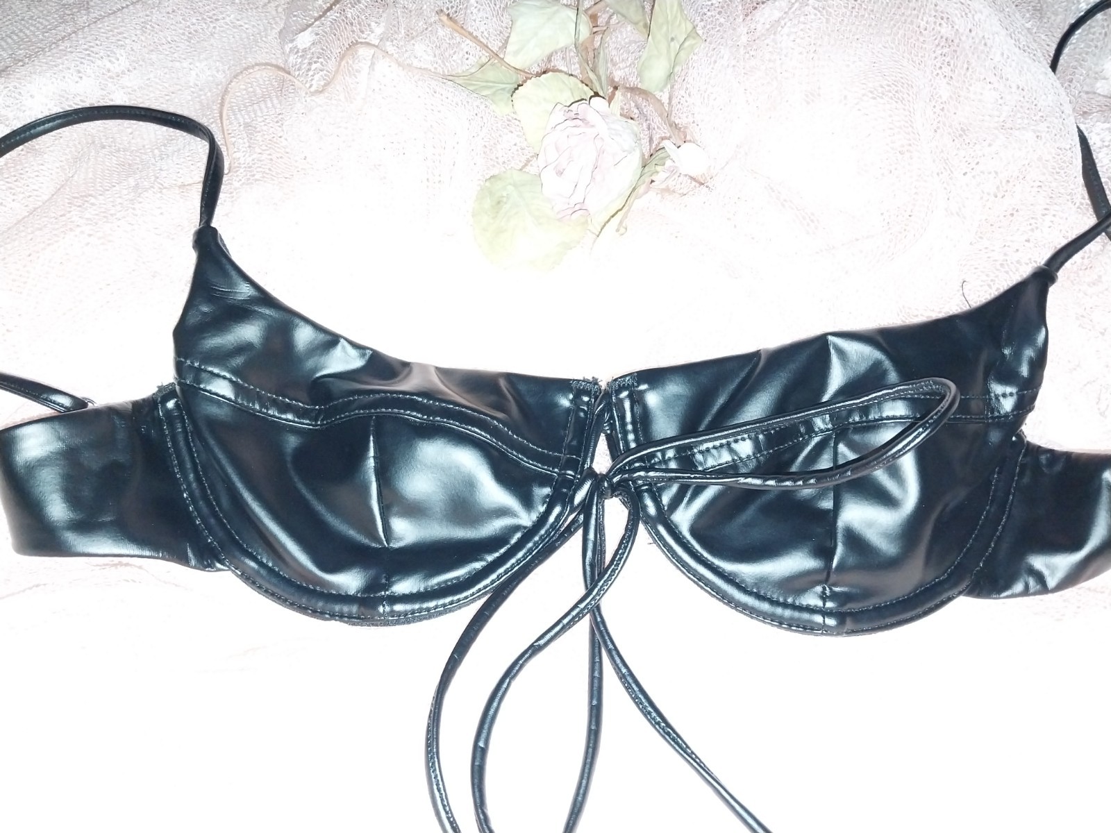 VTG SILKY RUBBA VINYL BRA S FRENCH TIE BODICE DOMINA COACHELLA PARTY TOP XS -32B