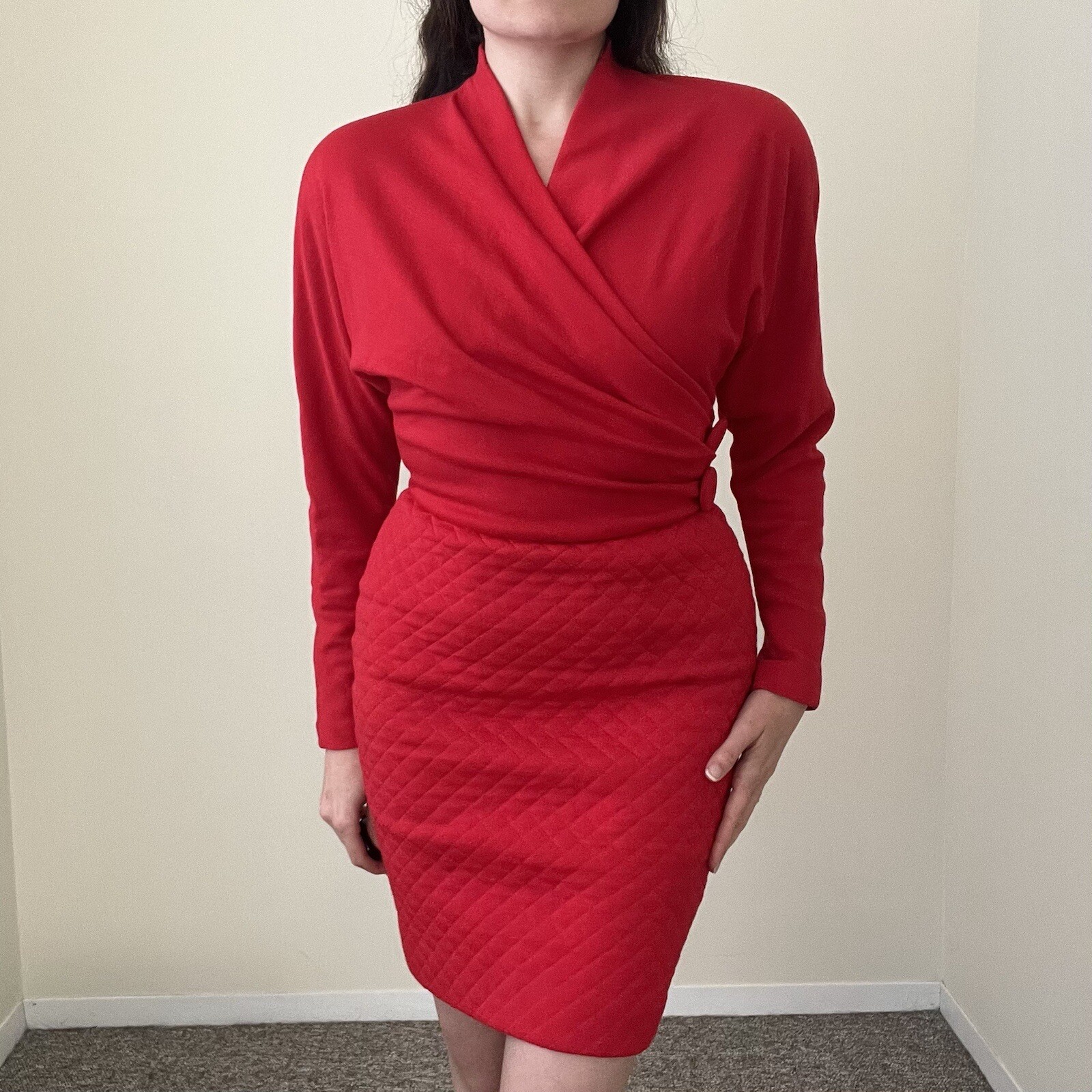 Vintage Red Sweater Dress Holiday Christmas Solid sz 4/6 Nipon 1980s Batwing