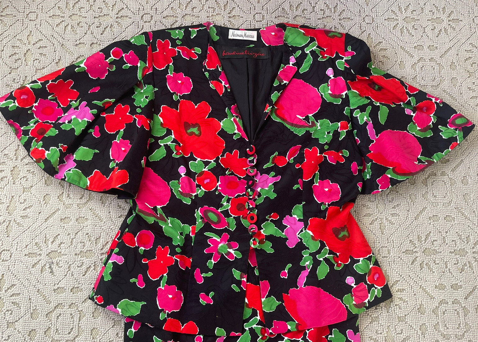 Stunning Vintage 1980’s Pauline Trigere Black Pink Floral Cocktail Ensemble
