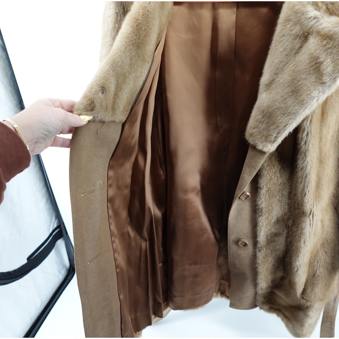 Vintage Furrage Tissavel France Faux Fur Coat Brown Belted Mid Length Jacket