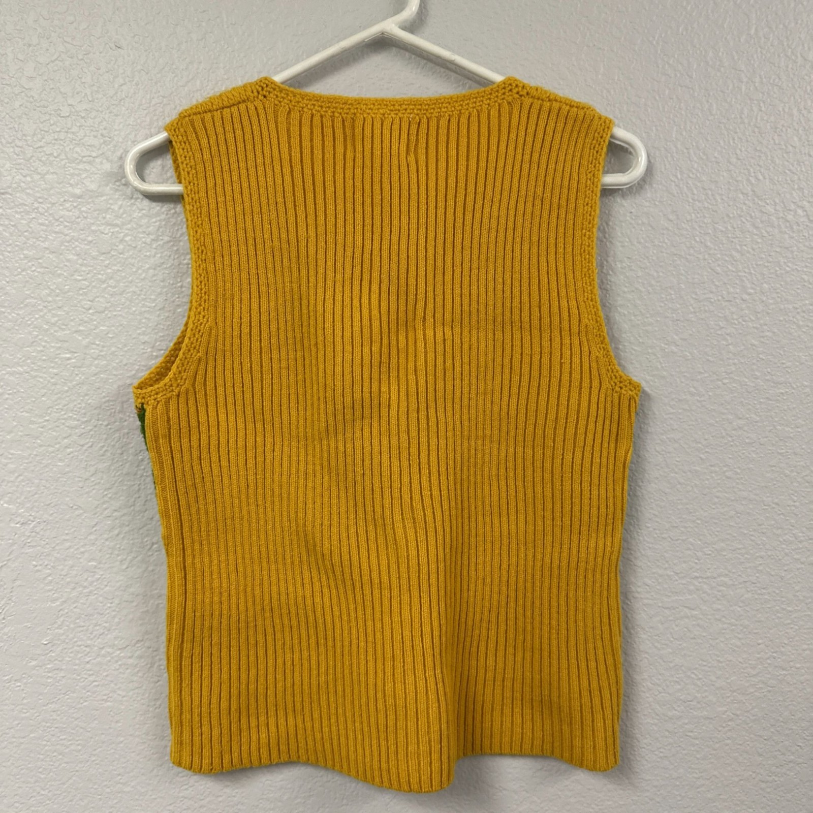 Vintage 70s Yellow Patchwork Knit Leather Sweater Vest Top Hippie Boho Size M L