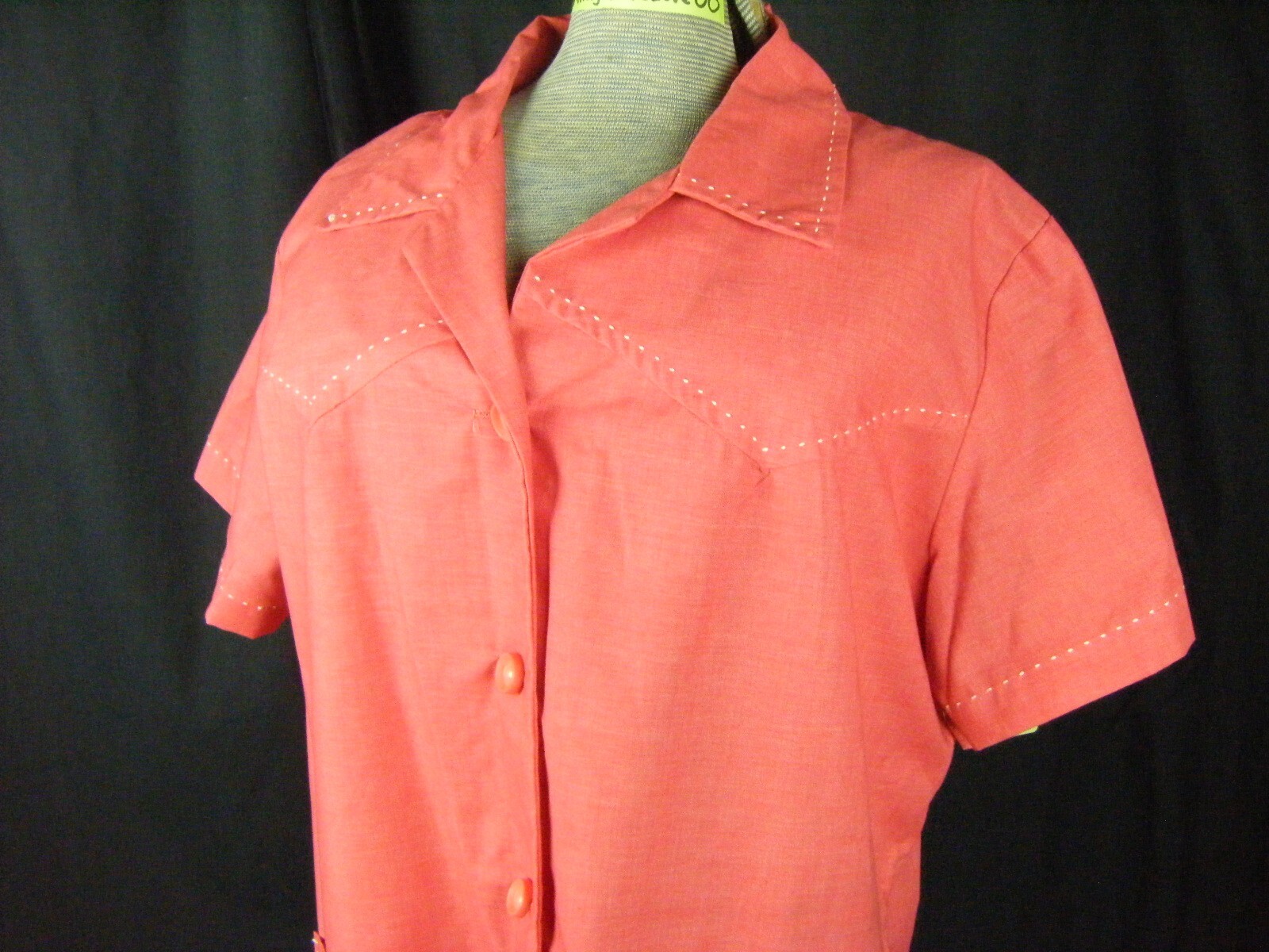 TOP MADE Vtg 70-80s Red White Stitches 60s Style Shirt Dress-Bust 49/L-XL
