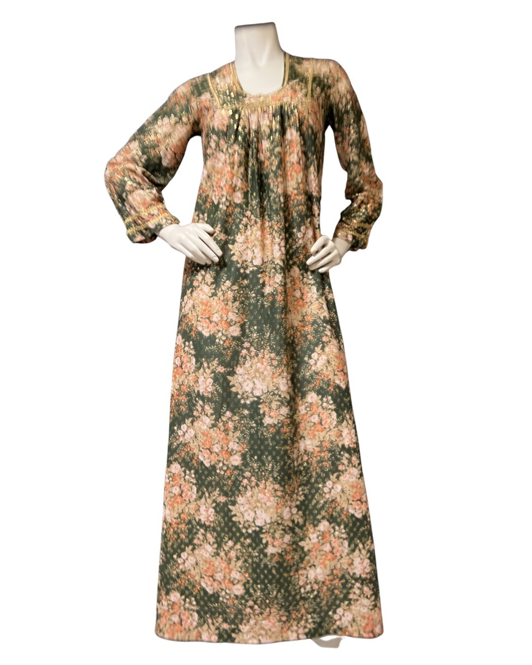 60s Vintage Green Gold Metallic Lame Floral Bouquet Caftan Dress S/M MAXI
