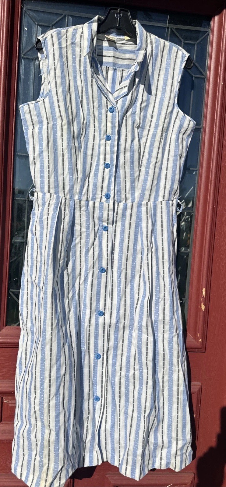 Vintage 1950’s Blue White Gray Stripe Sleeveless Dress Size XL NWOT