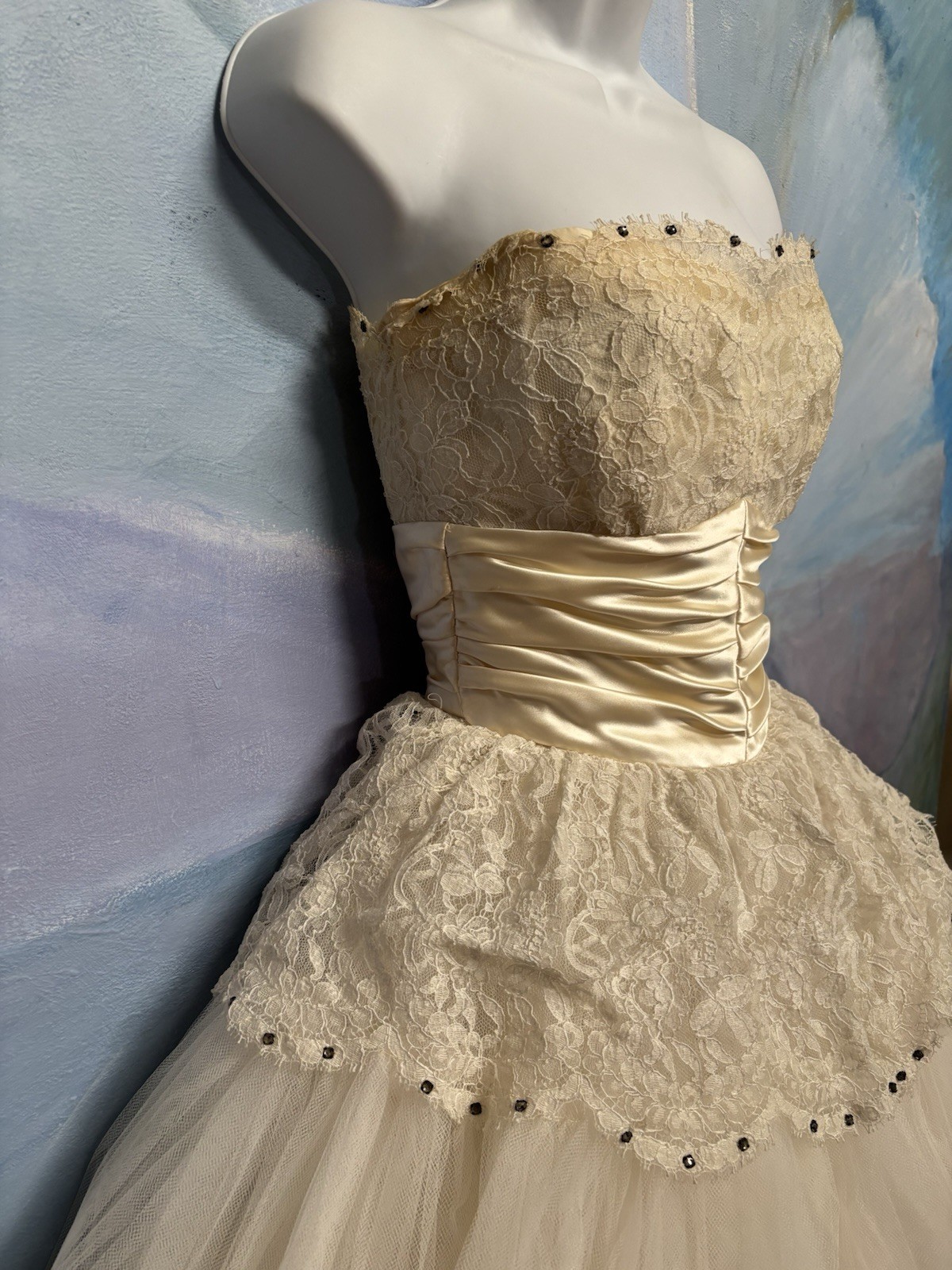 Vtg 1950s Ivory Lace Tulle Bridal Prom Dress Wedding Gown Petticoat Rhinestones