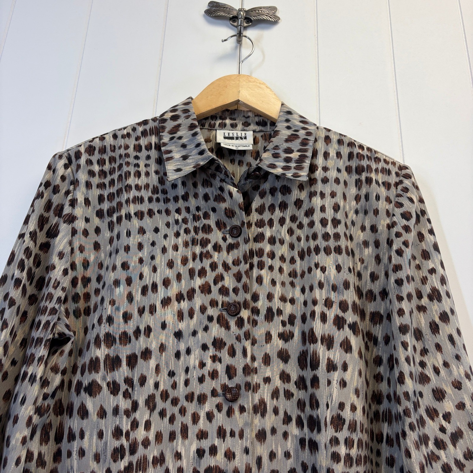 Vintage Leslie Fay 90s Abstract Animal Print Shirt Dress Women Size 12 Mob Wife
