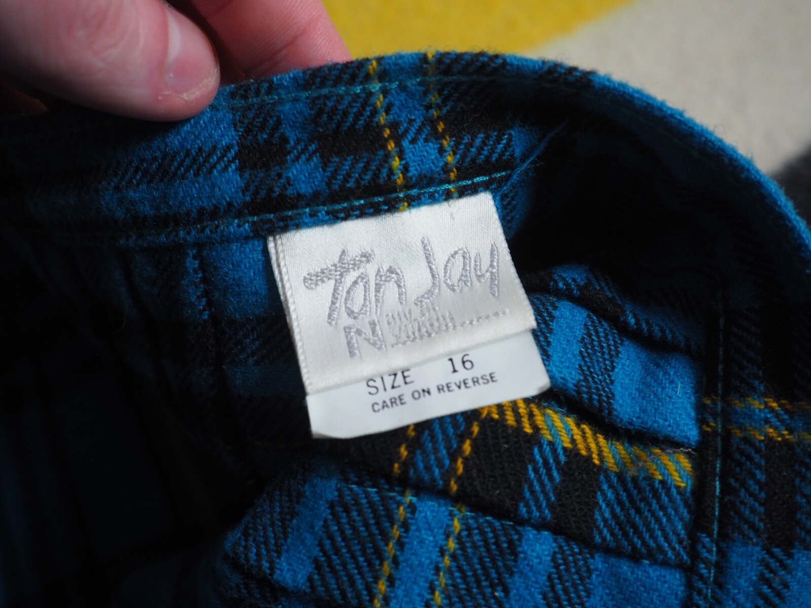 VTG 80s 90s Tan Jay Blue Black Plaid Wool Blend Lodge Fall Pleated Skirt 32W 16