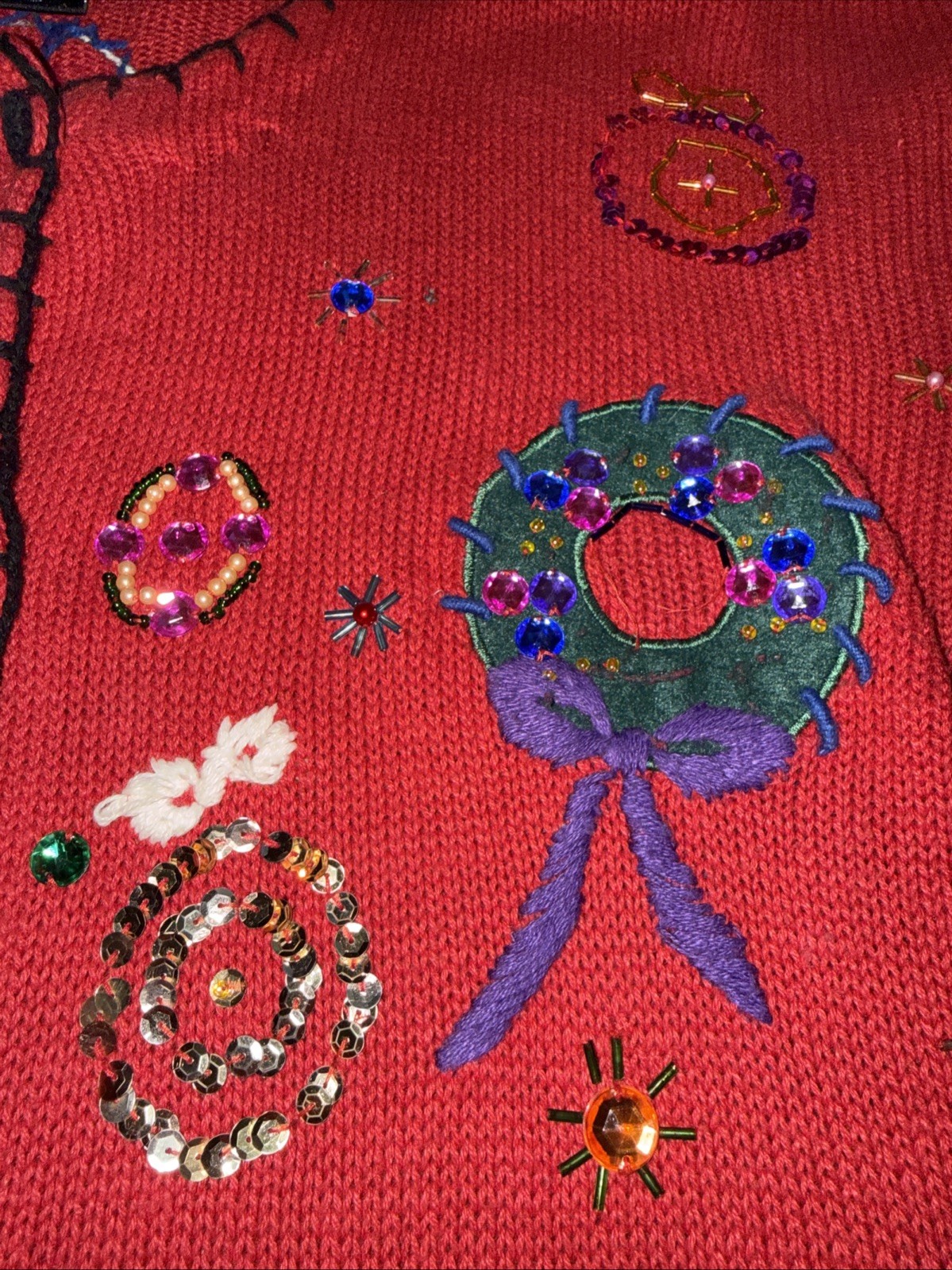 VTG Gladys Bagley Christmas Cardigan Knit SWEATER 1X Beads Rhinestone Embroidery