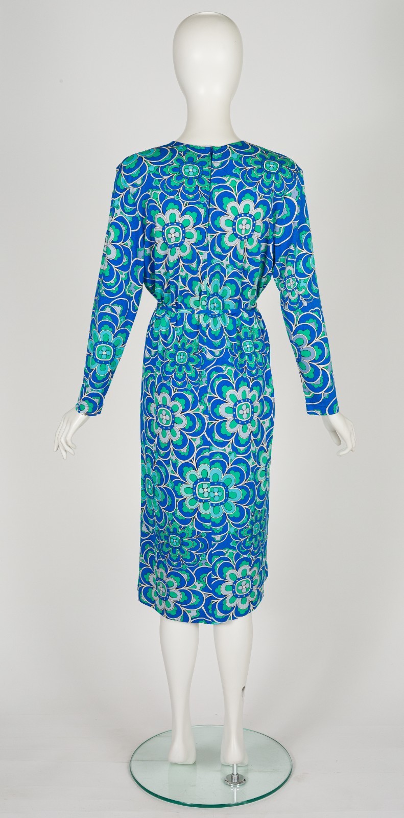 Averardo Bessi 1980s Geometric Floral Print Blue Green Silk Jersey Vintage Dress