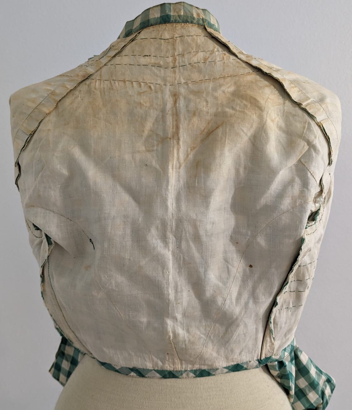 CIVIL WAR 1860’S GREEN CHECK SILK TAFFETA BODICE W/ SILK STRIPE DETAIL