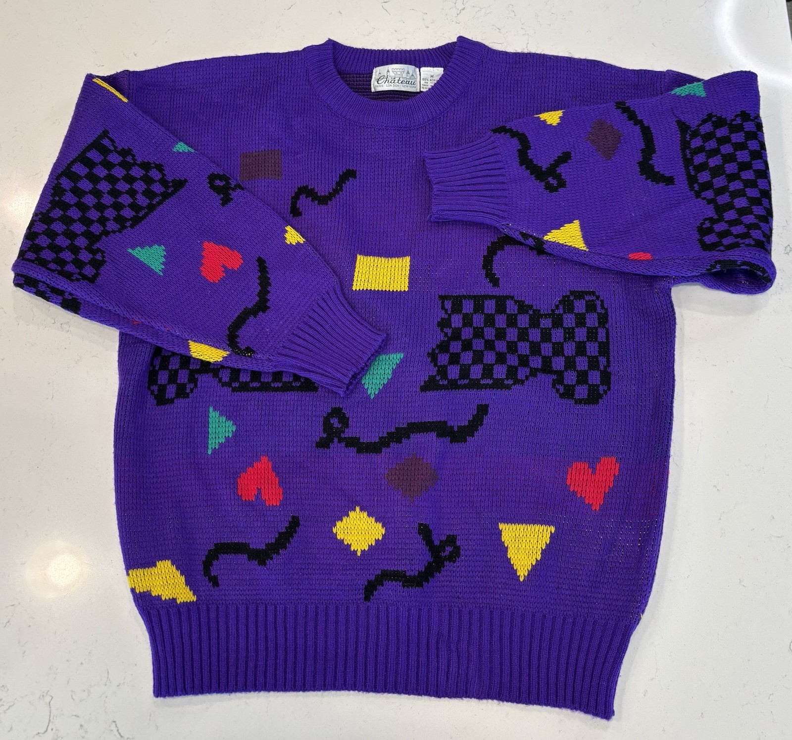 Vintage 80s Chateau Sweater M Purple Abstract Geometric Novelty Knit Colorblock