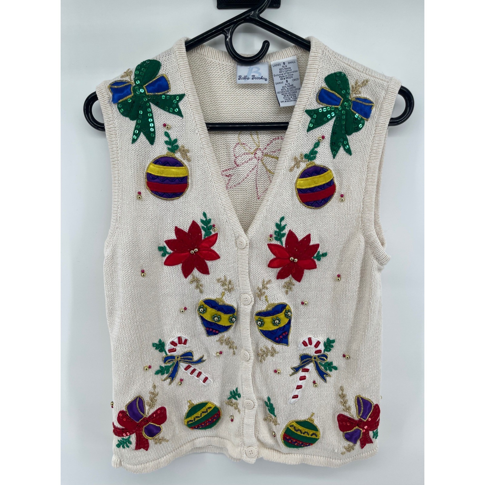 Bobbie Brooks Vintage Christmas Sweater Vest Ivory Sequin Poinsettia Ornaments S