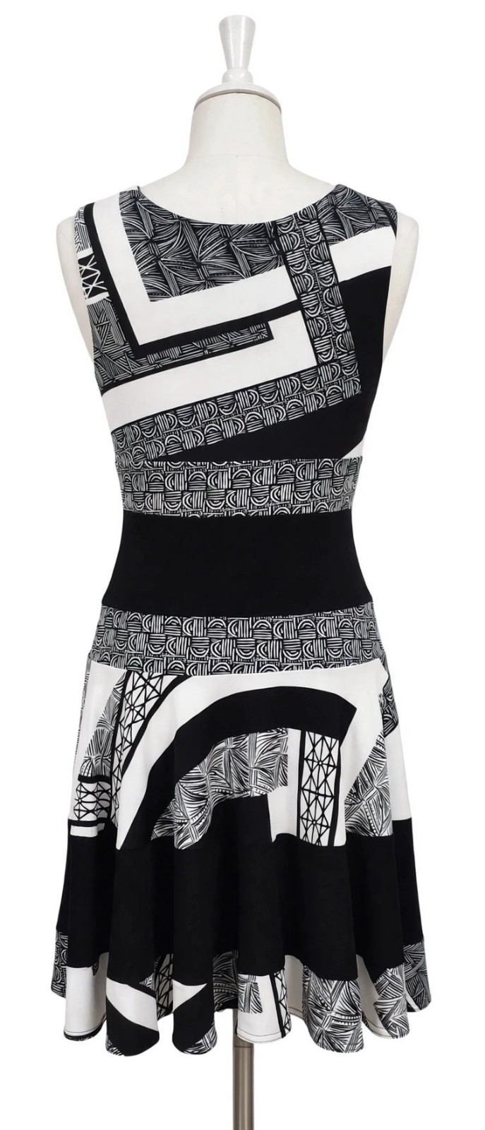 Joseph Ribkoff Vintage Black White Geometric Fit And Flare Dress Deep V-Neck 12