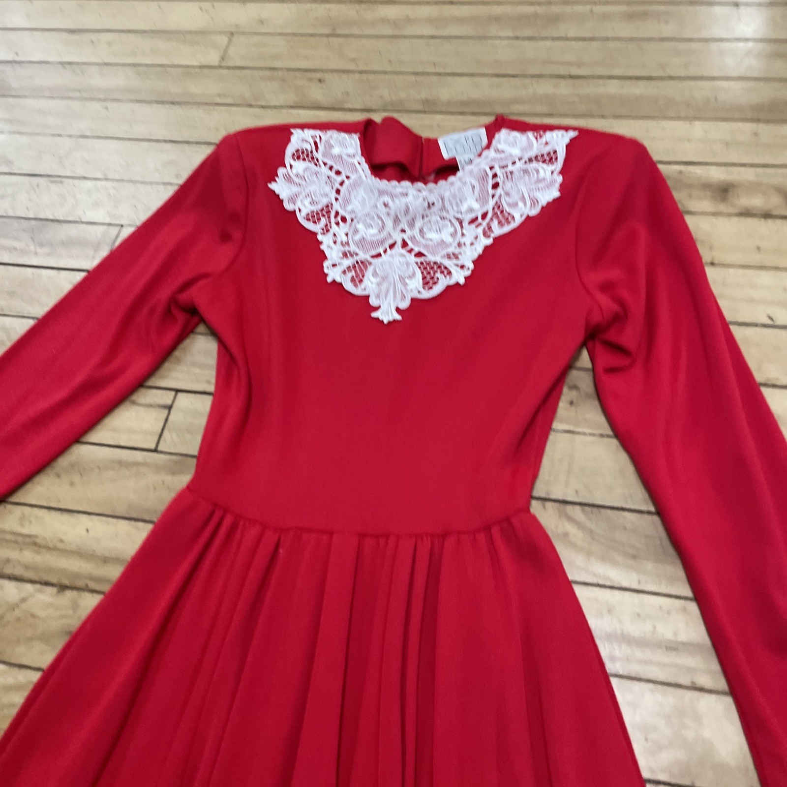 Expo Petite Vintage 1980’s Lace Trim Red Praire Dress Women 4 Wool Zip Made USA
