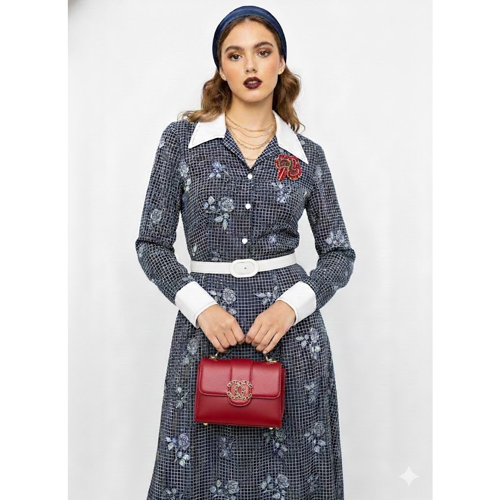 Dress SZ 8/10 M Dagger Collar Maxi Navy Floral Contrast Cuff Belted 70s VTG