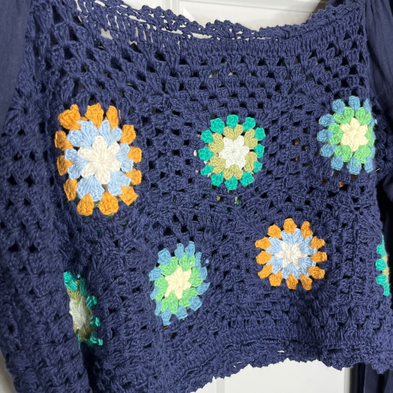 Aerie Crochet Granny Square Crop Top Navy Blue Balloon Sleeve Small Boho NWT