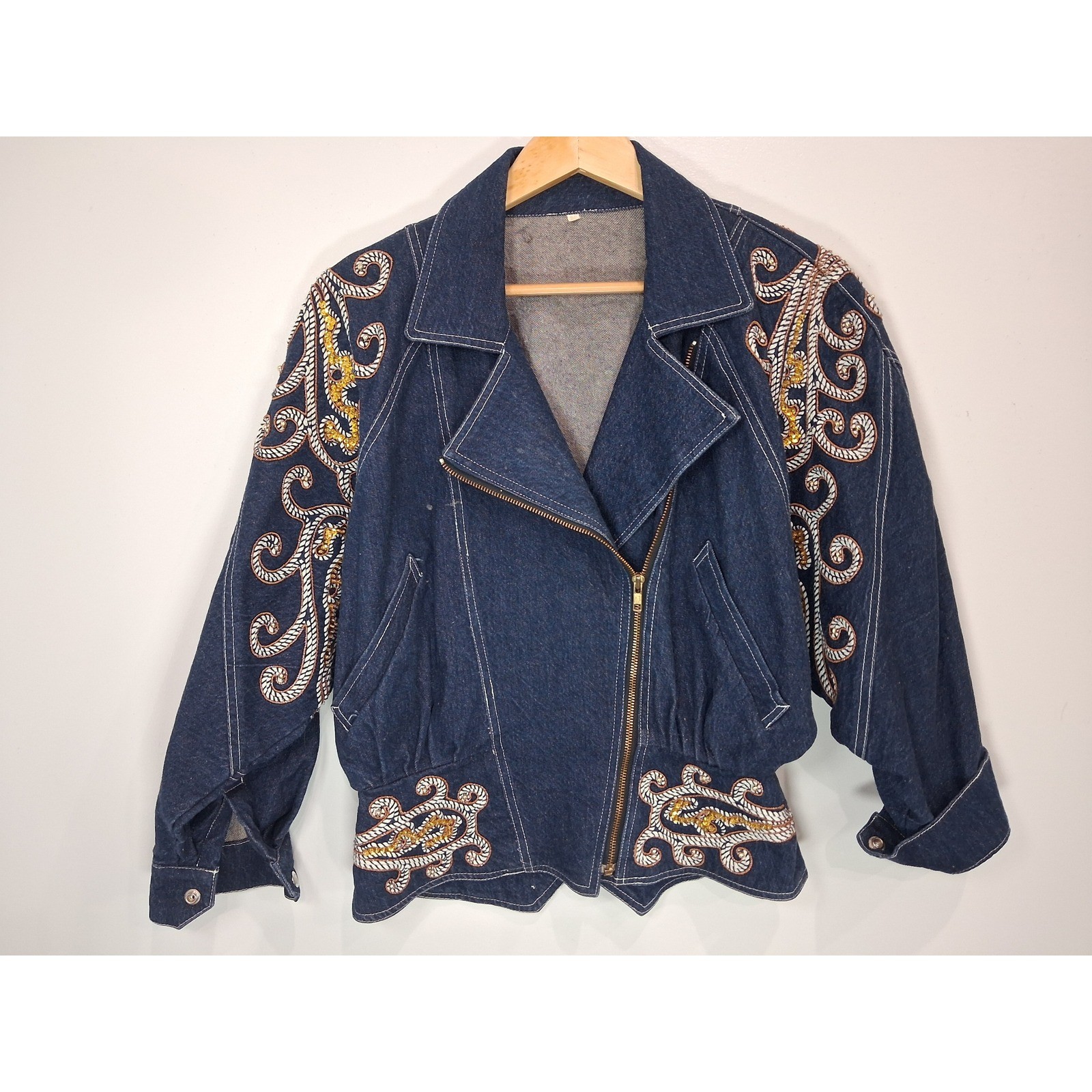 Vintage 80s Denim Moto Jacket Soutache Sequin Paisley Batwing Dark Wash Blue