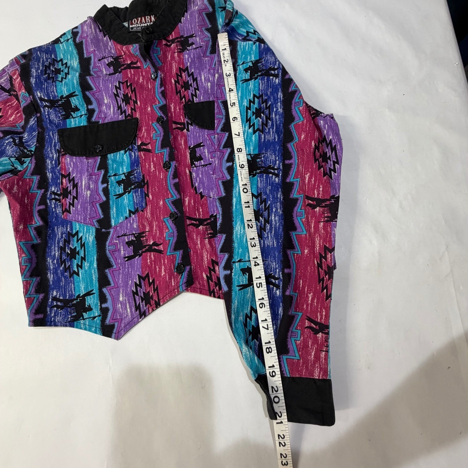 VTG 80s Ozark Mountain Southwestern Tribal Print Button Up Shirt Purple Teal